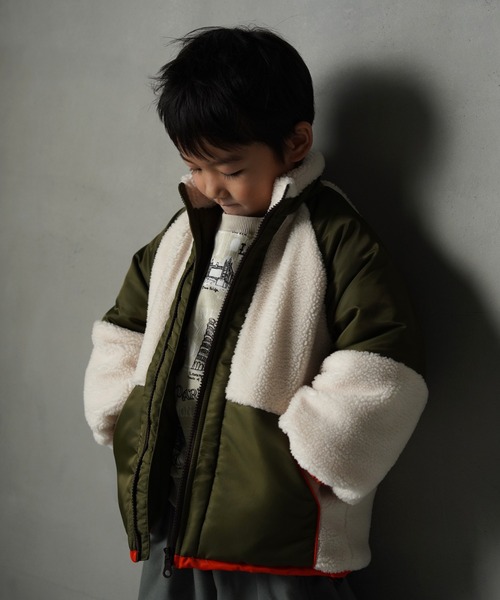 MAKE YOUR DAY（メイクユアデイ）の「ボアナイロン切替ジャケット■80～140cm（その他アウター・キッズ・グレー/カーキ・80/90/100/110/120/130/140）」の2枚目の写真