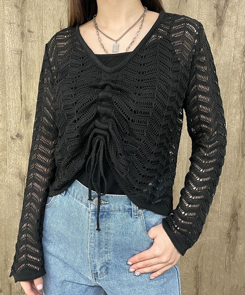GORGE（ゴージ）の「《透かし編み×ドロスト》レディース ニットプルオーバー シアー 長袖 春夏秋（カーディガン/ボレロ・レディース・モカ/オフホワイト/ブラック・F）」の2枚目の写真