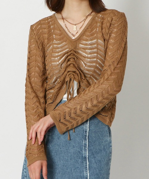 GORGE（ゴージ）の「《透かし編み×ドロスト》レディース ニットプルオーバー シアー 長袖 春夏秋（カーディガン/ボレロ・レディース・モカ/オフホワイト/ブラック・F）」の3枚目の写真