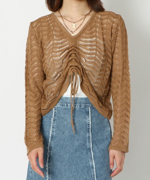 GORGE（ゴージ）の「《透かし編み×ドロスト》レディース ニットプルオーバー シアー 長袖 春夏秋（カーディガン/ボレロ・レディース・モカ/オフホワイト/ブラック・F）」の8枚目の写真