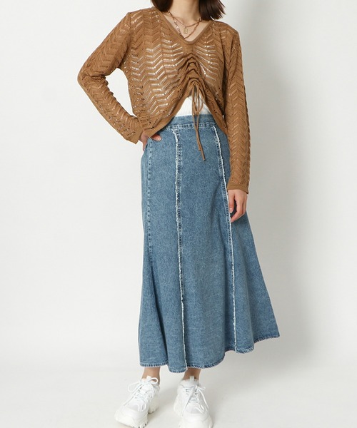 GORGE（ゴージ）の「《透かし編み×ドロスト》レディース ニットプルオーバー シアー 長袖 春夏秋（カーディガン/ボレロ・レディース・モカ/オフホワイト/ブラック・F）」の5枚目の写真