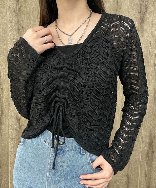GORGE（ゴージ）の「《透かし編み×ドロスト》レディース ニットプルオーバー シアー 長袖 春夏秋（カーディガン/ボレロ・レディース・モカ/オフホワイト/ブラック・F）」の6枚目の写真