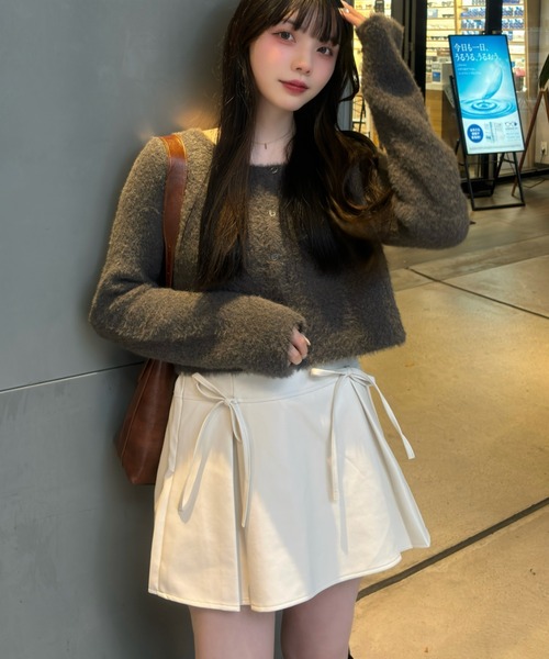 セール】リボンデザイン タックプリーツ フェイクレザー ミニスカート