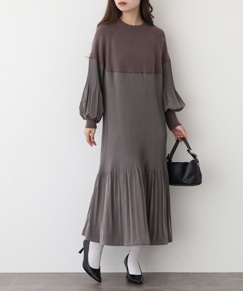A.N.L(エーエヌエル レーベル)の「A.N.L プリーツ切替ニットワンピース(ワンピース・レディース・グレイッシュベージュ/ブラック/チャコールグレー/レンガ/グリーン/ネイビー・38)」の12枚目の写真