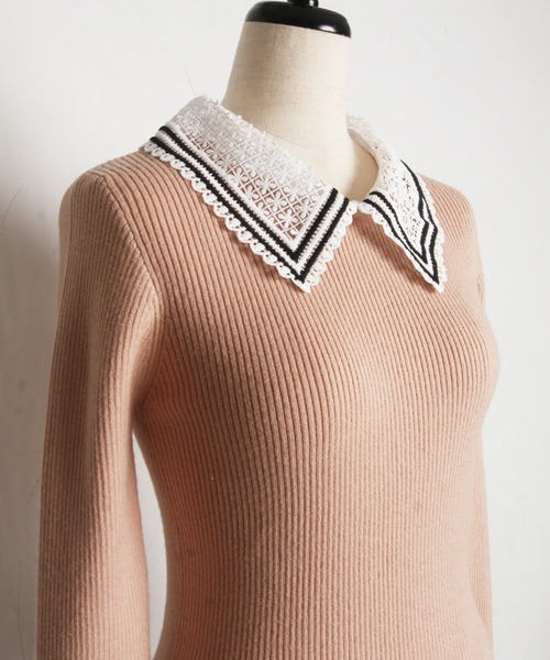 【ZOZO限定】ウールレースポロニットトップス　ブラック ZOZO限定】ウールレースポロニットトップス（ニット/セーター