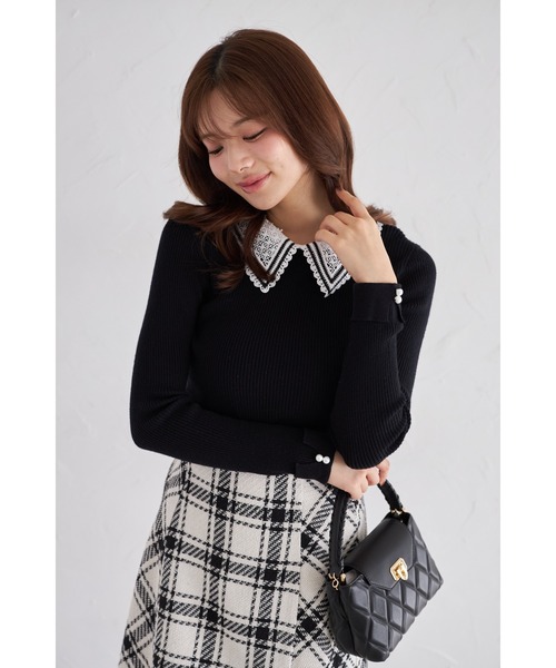 ZOZO限定】2WAYラインレース襟付きリブニット長袖トップス（ニット