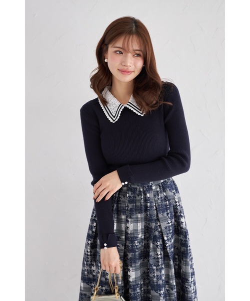 ZOZO限定】2WAYラインレース襟付きリブニット長袖トップス（ニット