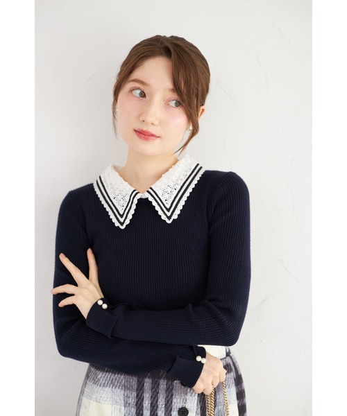 tocco closet(トッコ クローゼット)の「【ZOZO限定】2WAYラインレース襟付きリブニット長袖トップス(ニット/セーター・レディース・ボルドー/ベージュ/アイボリー/ブラック/ネイビー/チャコールグレー/ピンクベージュ/モカ・M)」の21枚目の写真