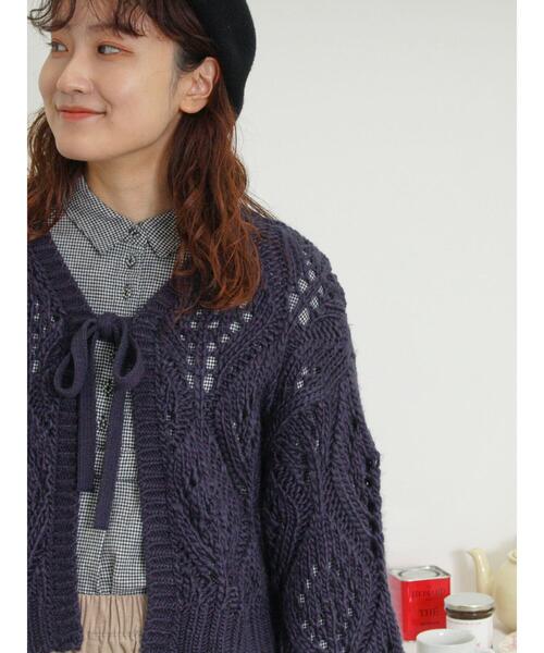 Samansa Mos2（サマンサ モスモス）の「柄編み透かし前後2WAYリボンニット（カーディガン/ボレロ・レディース・ネイビー/キナリ/モカ・F）」の7枚目の写真