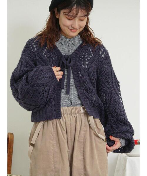 Samansa Mos2（サマンサ モスモス）の「柄編み透かし前後2WAYリボンニット（カーディガン/ボレロ・レディース・ネイビー/キナリ/モカ・F）」の8枚目の写真