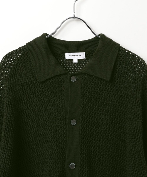 GLOBAL WORK（グローバルワーク）の「透かし編みポロカーディガン/CLEAN MODE/306724（カーディガン/ボレロ・メンズ・カーキ/アイボリー・SMALL/MEDIUM/LARGE）」の9枚目の写真