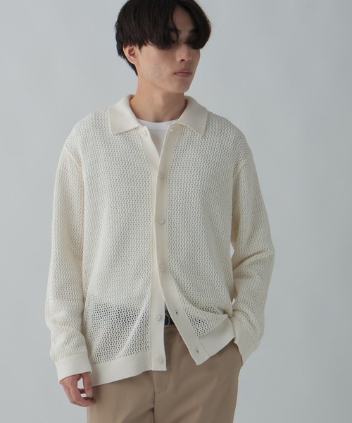 GLOBAL WORK（グローバルワーク）の「透かし編みポロカーディガン/CLEAN MODE/306724（カーディガン/ボレロ・メンズ・カーキ/アイボリー・SMALL/MEDIUM/LARGE）」の16枚目の写真