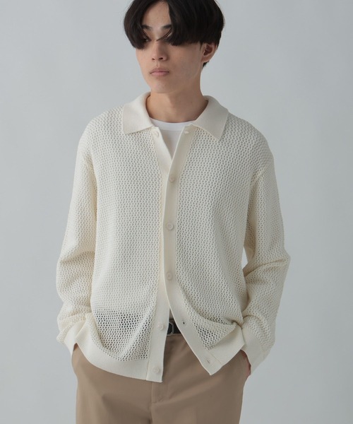 GLOBAL WORK（グローバルワーク）の「透かし編みポロカーディガン/CLEAN MODE/306724（カーディガン/ボレロ・メンズ・カーキ/アイボリー・SMALL/MEDIUM/LARGE）」の17枚目の写真