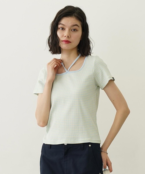 セール】STRIPED SQUARE HALTER NECK TOP（Tシャツ/カットソー