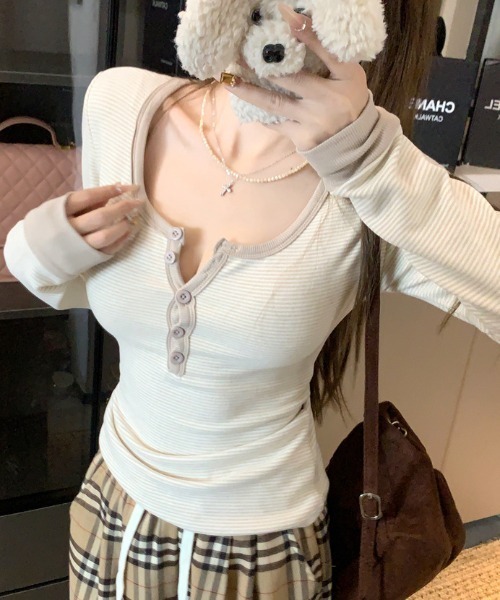 Teem Store(チームストア)の「配色ヘンリー ボーダーコンパクト ロンT(Tシャツ/カットソー・レディース・ピンク/ブルー/ベージュ・L/M)」の4枚目の写真