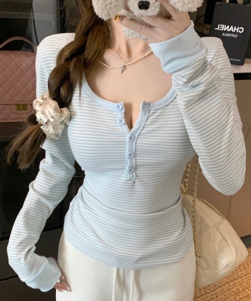 Teem Store(チームストア)の「配色ヘンリー ボーダーコンパクト ロンT(Tシャツ/カットソー・レディース・ピンク/ブルー/ベージュ・L/M)」の7枚目の写真
