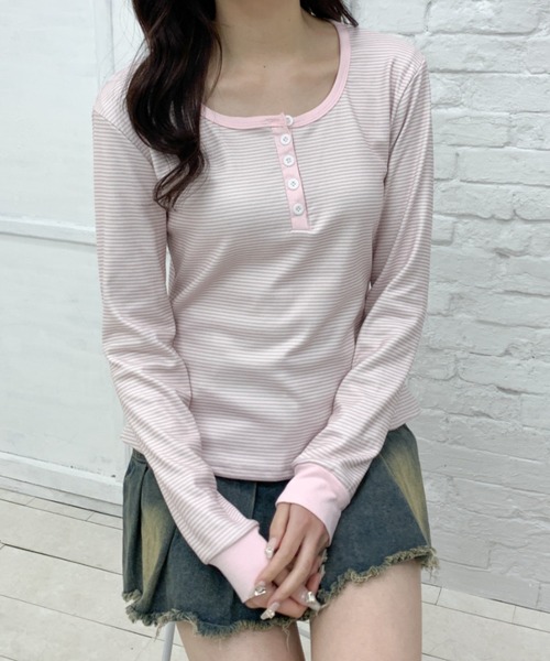 Teem Store(チームストア)の「配色ヘンリー ボーダーコンパクト ロンT(Tシャツ/カットソー・レディース・ピンク/ブルー/ベージュ・L/M)」の11枚目の写真