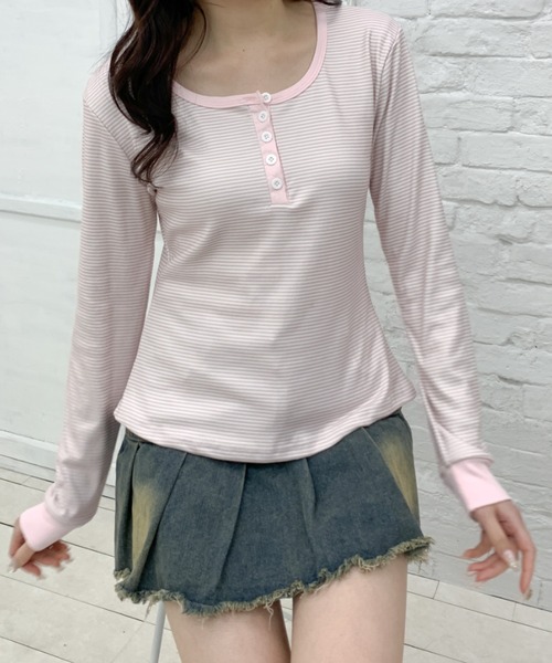 Teem Store(チームストア)の「配色ヘンリー ボーダーコンパクト ロンT(Tシャツ/カットソー・レディース・ピンク/ブルー/ベージュ・L/M)」の12枚目の写真