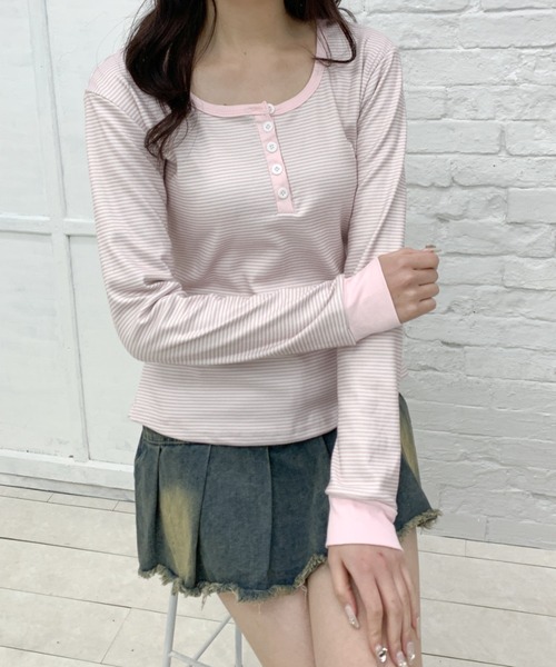 Teem Store(チームストア)の「配色ヘンリー ボーダーコンパクト ロンT(Tシャツ/カットソー・レディース・ピンク/ブルー/ベージュ・L/M)」の13枚目の写真
