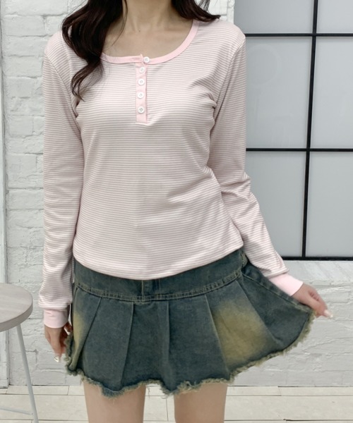 Teem Store(チームストア)の「配色ヘンリー ボーダーコンパクト ロンT(Tシャツ/カットソー・レディース・ピンク/ブルー/ベージュ・L/M)」の14枚目の写真