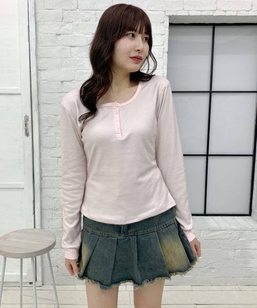 Teem Store(チームストア)の「配色ヘンリー ボーダーコンパクト ロンT(Tシャツ/カットソー・レディース・ピンク/ブルー/ベージュ・L/M)」の15枚目の写真