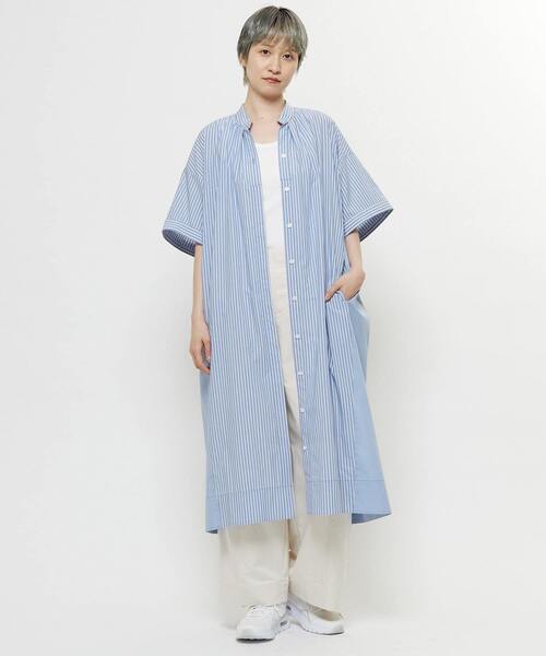 SOFFITTO(ソフィット)の「【nota della mano sinistra(ノータ デラ マノ シニストラ)】5分袖前開きシャツワンピ-ス(ワンピース・レディース・オフホワイト/ブラック/ストライプ・FREE)」の5枚目の写真