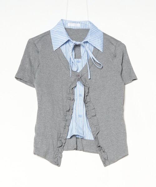 TITTY&CO.(ティティーアンドコー)の「半袖フリルストライプニットセット(ニット/セーター・レディース・ブラック/グレー・FREE)」の13枚目の写真