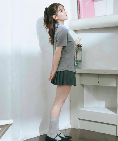 TITTY&CO.(ティティーアンドコー)の「半袖フリルストライプニットセット(ニット/セーター・レディース・ブラック/グレー・FREE)」の7枚目の写真