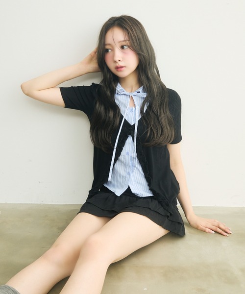 TITTY&CO.(ティティーアンドコー)の「半袖フリルストライプニットセット(ニット/セーター・レディース・ブラック/グレー・FREE)」の20枚目の写真