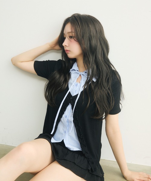 TITTY&CO.(ティティーアンドコー)の「半袖フリルストライプニットセット(ニット/セーター・レディース・ブラック/グレー・FREE)」の14枚目の写真