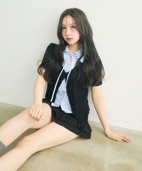 TITTY&CO.(ティティーアンドコー)の「半袖フリルストライプニットセット(ニット/セーター・レディース・ブラック/グレー・FREE)」の22枚目の写真