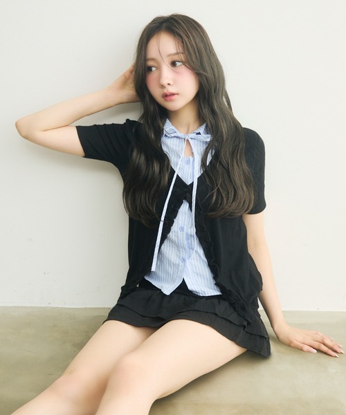 TITTY&CO.(ティティーアンドコー)の「半袖フリルストライプニットセット(ニット/セーター・レディース・ブラック/グレー・FREE)」の21枚目の写真