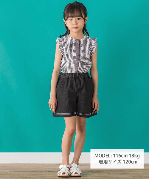 BeBe Petits Pois Vert（ベベプチポワヴェール）の「【店舗限定】裾ステッチリボンデニムショートパンツ(95~160cm)（デニムパンツ・キッズ・ネイビー/ブラック・110cm/120cm/140cm/130cm/100cm/150cm/160cm）」の3枚目の写真