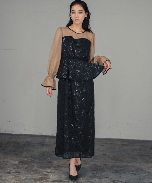 girl(ガール)の「シアースリーブ ペプラム スパンコール 花柄 Iライン ロング 結婚式 ワンピース パーティードレス オケージョンドレス お呼ばれ 二次会 成人式 同窓会 謝恩会(ドレス・レディース・ブラック/グレー/ブラック×ベージュ・L/2L/M/S)」の8枚目の写真