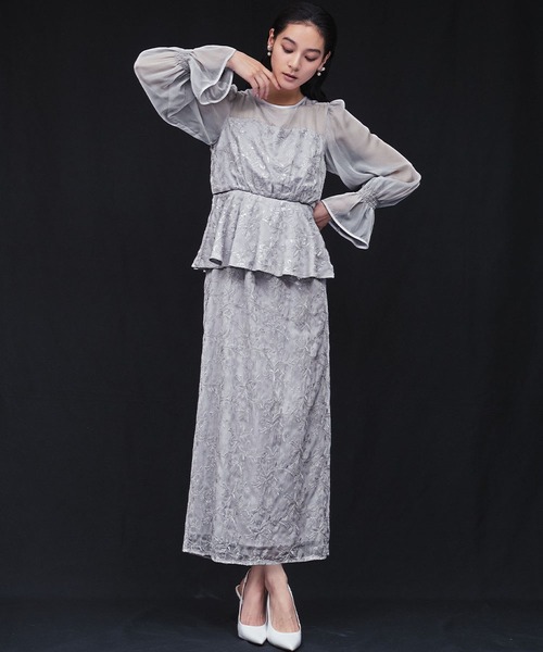 セール】シアースリーブ ペプラム スパンコール 花柄 Iライン ロング