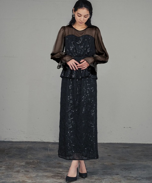 leja シアーパフスリーブぺプラムスパンコール花柄Iラインドレス Leja ドレス 「LEJA」シアーパフスリーブペプラムスパンコール花