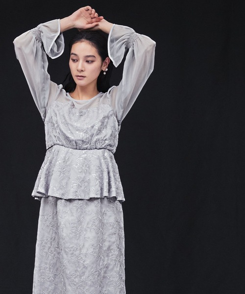 結婚式レース 花柄 フリル ペプラム ペンシル ワンピース ドレス niana ドレス フラフィースリーブペンシルドレス 結婚式