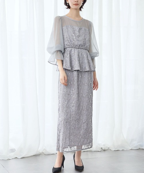 結婚式 パーティー シアーペプラムドレス2色コーデ セール】シアースリーブ ペプラム スパンコール 花柄 Iライン