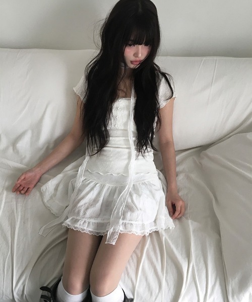anyonemore（エニワンモア）の「ロングタイスカーフ付きレースボタン半袖Tシャツセット（Tシャツ/カットソー・レディース・チャコール/カーキ/ホワイト・FREE）」の8枚目の写真
