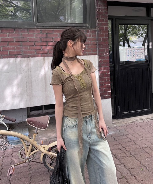 anyonemore（エニワンモア）の「ロングタイスカーフ付きレースボタン半袖Tシャツセット（Tシャツ/カットソー・レディース・チャコール/カーキ/ホワイト・FREE）」の21枚目の写真