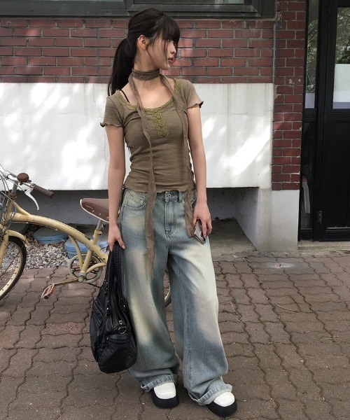 anyonemore（エニワンモア）の「ロングタイスカーフ付きレースボタン半袖Tシャツセット（Tシャツ/カットソー・レディース・チャコール/カーキ/ホワイト・FREE）」の20枚目の写真