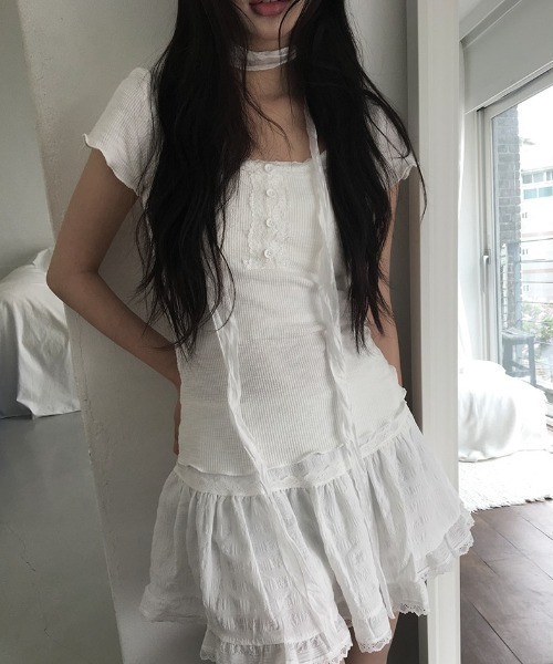 anyonemore（エニワンモア）の「ロングタイスカーフ付きレースボタン半袖Tシャツセット（Tシャツ/カットソー・レディース・チャコール/カーキ/ホワイト・FREE）」の7枚目の写真
