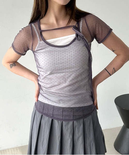 4INT.(フォイント)の「【レイヤードにおすすめ】ドット レース シースルー レイヤード 半袖 Tシャツ(Tシャツ/カットソー・レディース・ホワイト/パープル/ブラック・FREE)」の1枚目の写真