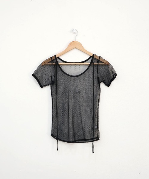 4INT.(フォイント)の「【レイヤードにおすすめ】ドット レース シースルー レイヤード 半袖 Tシャツ(Tシャツ/カットソー・レディース・ホワイト/パープル/ブラック・FREE)」の3枚目の写真