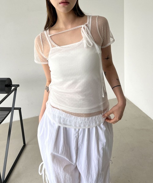 4INT.(フォイント)の「【レイヤードにおすすめ】ドット レース シースルー レイヤード 半袖 Tシャツ(Tシャツ/カットソー・レディース・ホワイト/パープル/ブラック・FREE)」の4枚目の写真