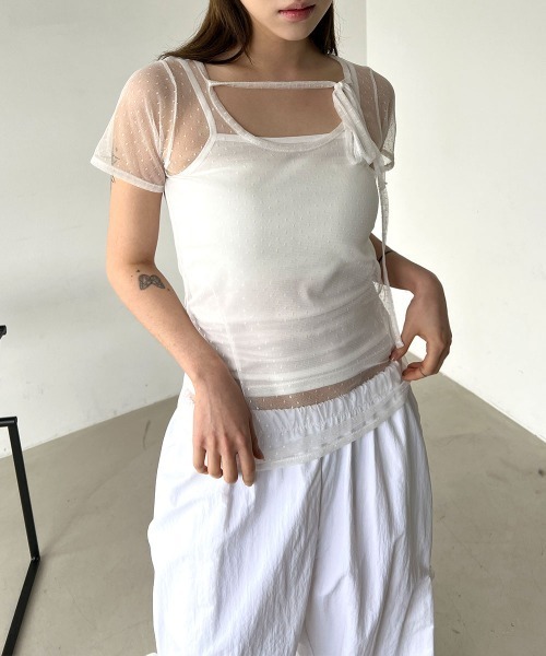 4INT.(フォイント)の「【レイヤードにおすすめ】ドット レース シースルー レイヤード 半袖 Tシャツ(Tシャツ/カットソー・レディース・ホワイト/パープル/ブラック・FREE)」の7枚目の写真