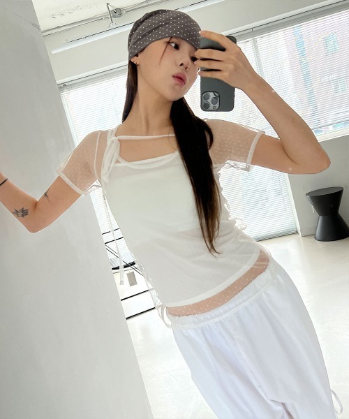 4INT.(フォイント)の「【レイヤードにおすすめ】ドット レース シースルー レイヤード 半袖 Tシャツ(Tシャツ/カットソー・レディース・ホワイト/パープル/ブラック・FREE)」の9枚目の写真