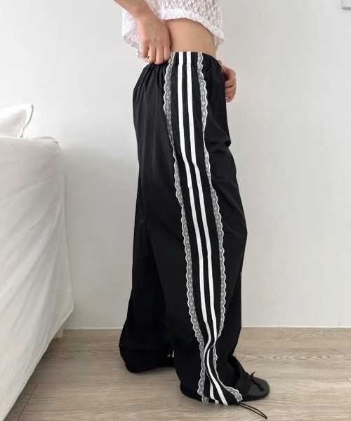 [完売品]サイドレーストラックパンツ セール】サイドレースライントラックパンツ 裾ドロスト付き（その他