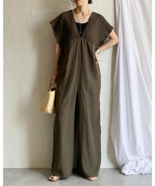 mystywomanサロペットSUREVEパフスリーブシャツコーデセットML セール】深Vネックハイウエストフレンチスリーブシャーリング