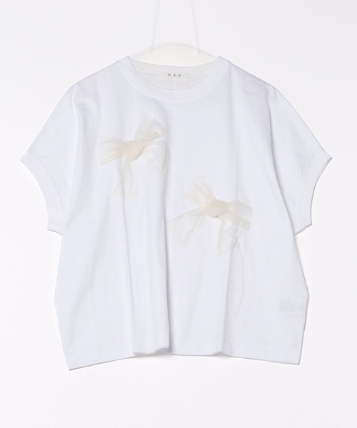 H.A.K（ハク）の「スワイー天竺チュールリボン立体モチーフTシャツ（Tシャツ/カットソー・レディース・ブラック/チャコール/ホワイト・FREE）」の2枚目の写真